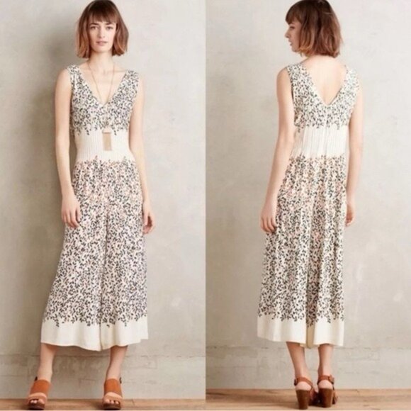 Elevenses Anthropologie Arboreta Cream & Floral Wide Leg Jumpsuit/Romper - S - Picture 1 of 13